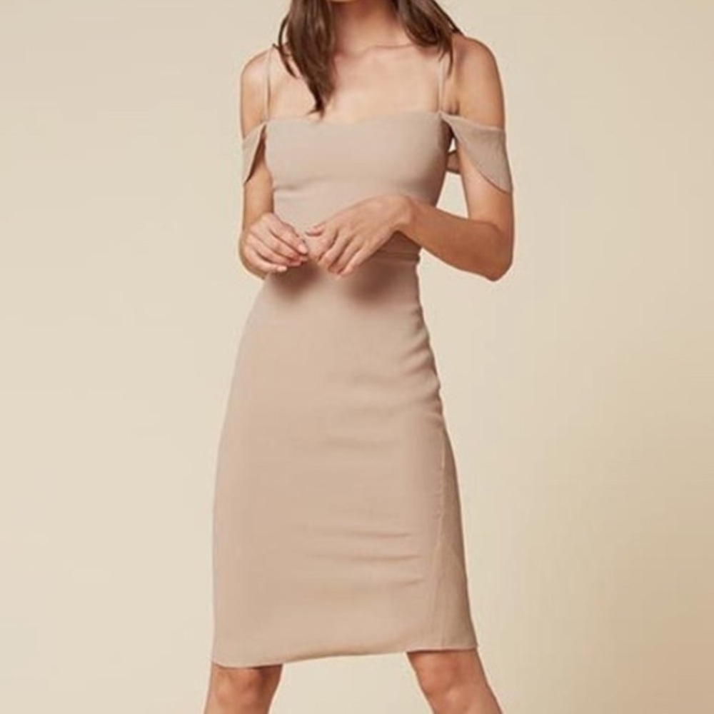 Reformation RENA Champagne Nude Shoulder Dress